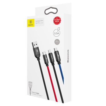 3in1 Kabel USB-A-Kabel - Micro USB / iPhone-Blitz / USB-C 3.5A 0.3m - schwarz