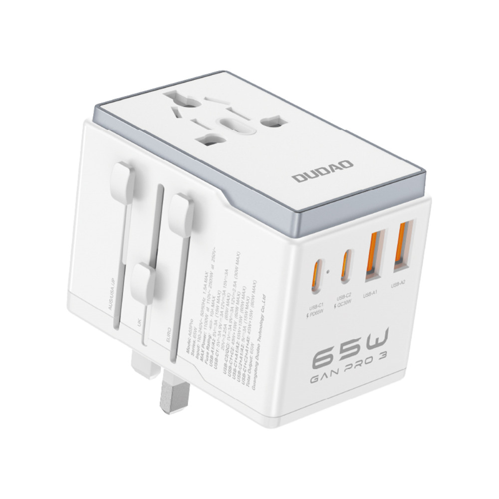 Universal lādētājs Ceļojumu adapteris 65W EU / US / JP / AUS / UK 2x USB-C 2x USB-A - balta