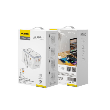 Adaptador de viagens Universal Carregador 35W EU / UK / AUS / US / JP 3X USB-C 2X USB-A - Branco