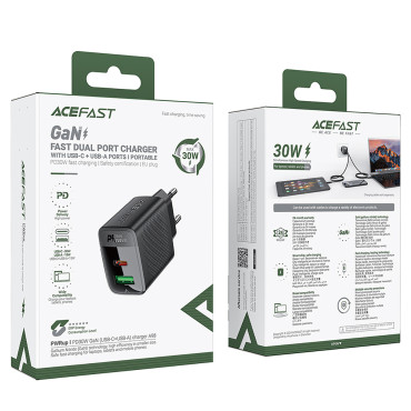A98 Network Charger Gan USB-A USB-C PD 30W - Svart