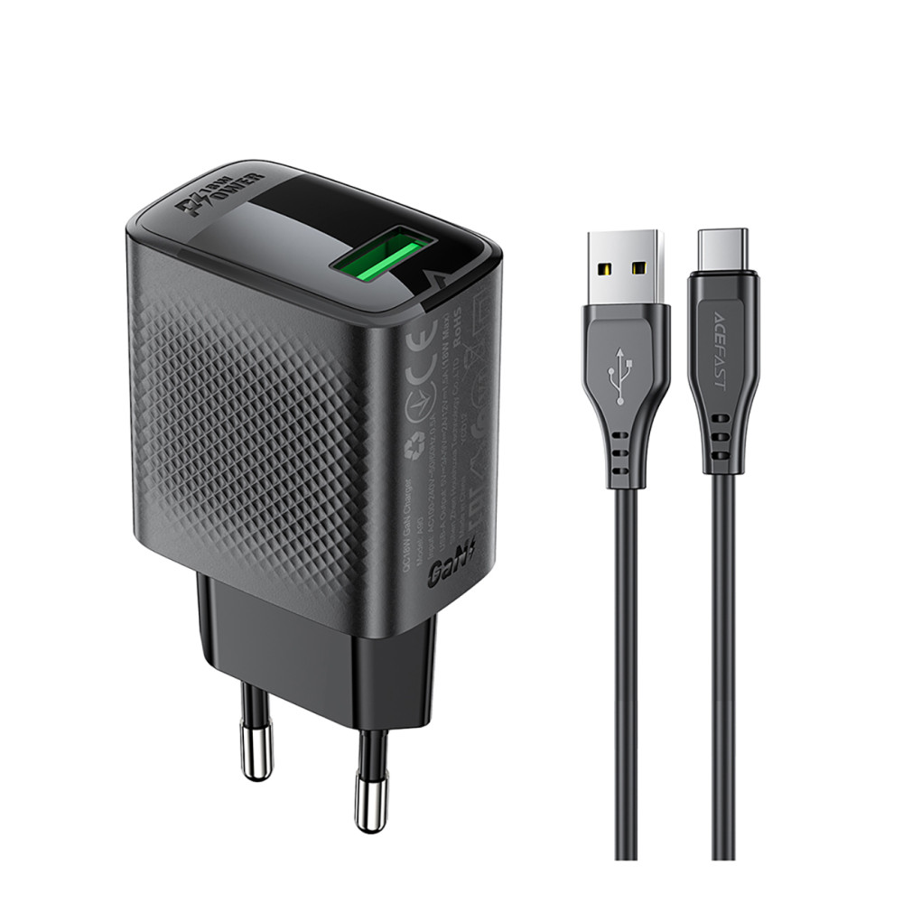 A90 GAN USB-A võrgulaadija QC 18W + USB-C-kaabel - must