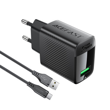 A90 GAN USB-A Nätverksladdare QC 18W + USB-C-kabel - Svart
