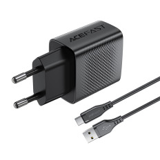 A90 GAN USB-A hálózati töltő QC 18W + USB-C kábel - fekete