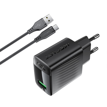 Caricabatterie da rete USB-A A90 GAN QC 18W + Cavo USB-C - Nero