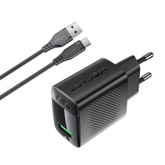 A90 GAN USB-A tīkla lādētājs QC 18W + USB-C kabelis - melns