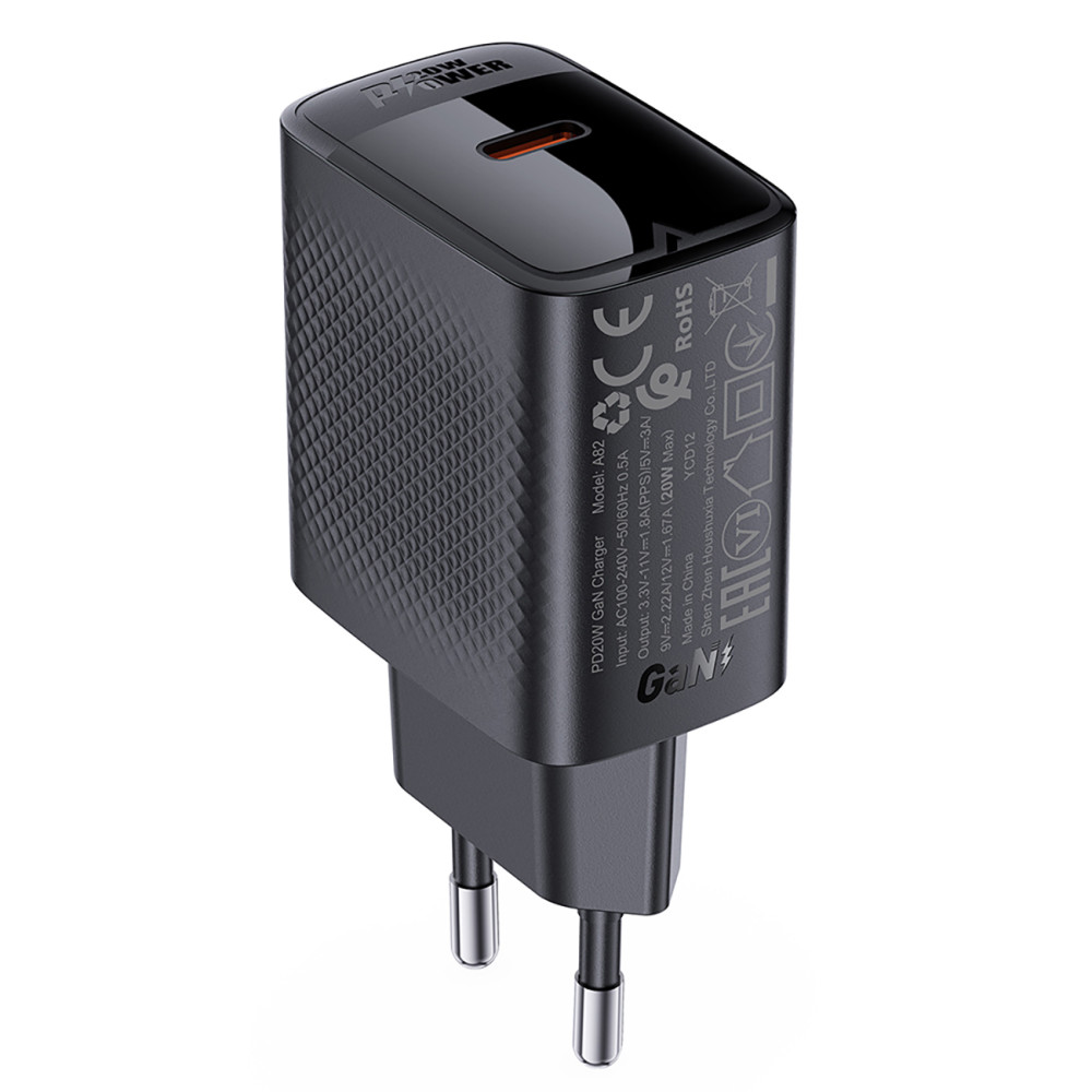 A82 GAN USB-C PD 20W Sieťová nabíjačka - čierna