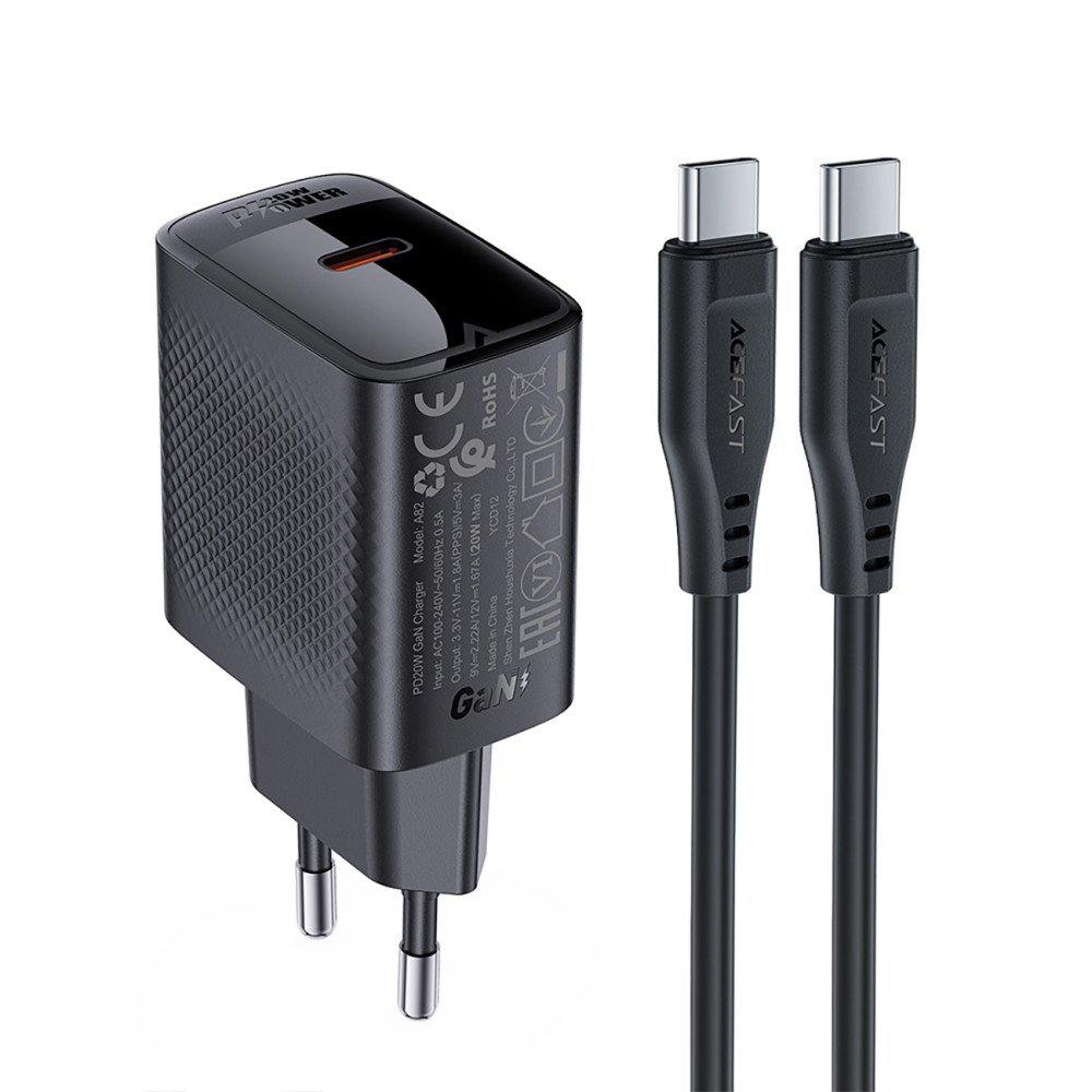 A82 GAN USB-C PD 20W - preto + cabo USB-C / USB-C
