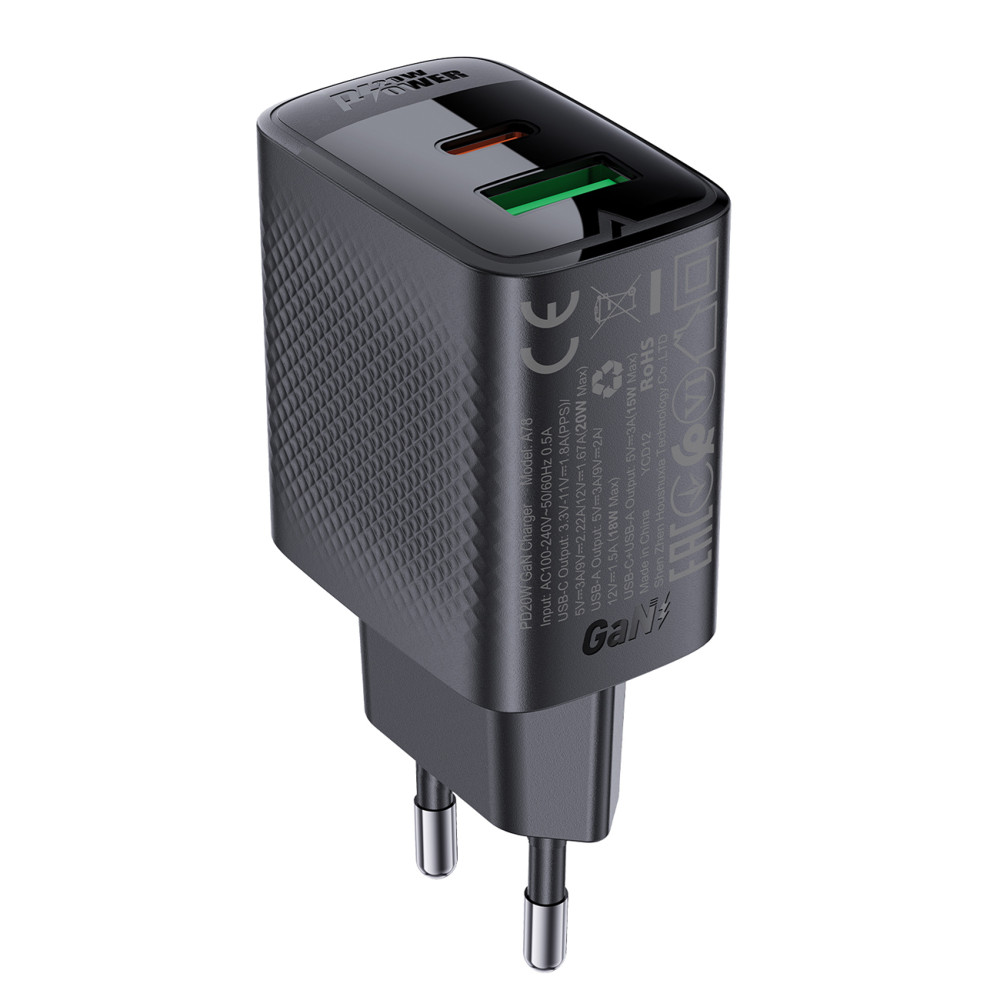 A78 GAN USB-A USB-C PD 20W - juoda