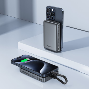 PowerBank magnetni 10000mAh indukcija 2x USB-C PD 30W + USB-C kabel - črna