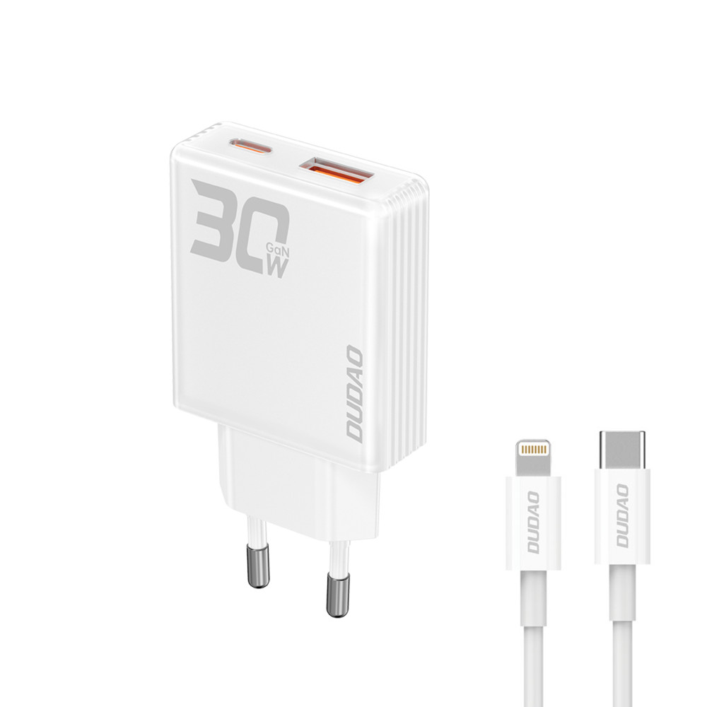 Hálózati rakodó GAN A30EUL 30W USB-A USB-C + USB-C - Villám - fehér kábel