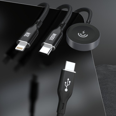 3In1 kabelis USB-C kabelis - USB-C / iPhone zibens / lādētājs Apple Skatīties PD 100W 1.2m - melns
