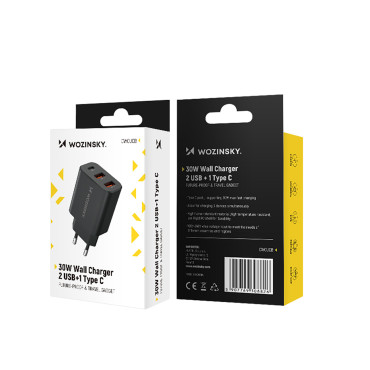 30W USB-C 2X USB-A Sieťová nabíjačka - čierna