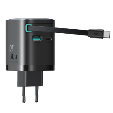 Maskinlæsser 65W USB-A USB-C med indbygget USB-C-kabel - Sort