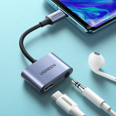 Adapteris Audio Audio audio - USB-C + MINI JACK 3.5mm - pelēks
