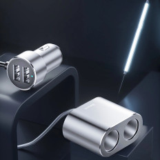 Distributer avtomobilov 2x gnezde vžigalnik 80W 2x USB-A 3.1A - srebro