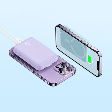 PowerBank magnētiskā indukcija 10000MAH 20W + USB-C kabelis - violeta