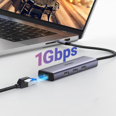 6W1 HUB USB-C Adapter - 3x USB-A 3.0 / HDMI / RJ45 / USB-C PD - Grå