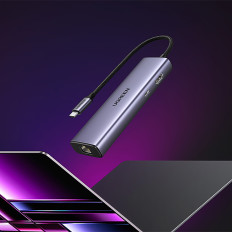 6W1 Hub USB-C adaptér - 3x USB-A 3,0 / HDMI / RJ45 / USB-C PD - šedá