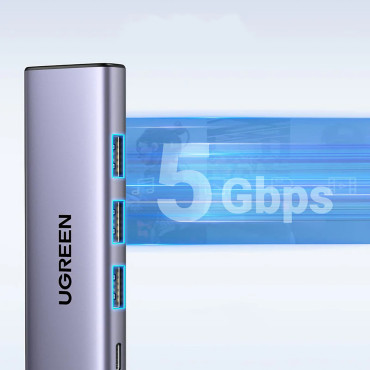 5W1 HUB USB-C Adapter - USB-C PD / HDMI / 3X USB-A 3.0 - Grå