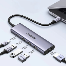 5W1 HUB USB-C Adapter - USB-C PD / HDMI / 3X USB-A 3.0 - Grå