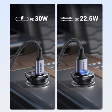 USB-C USB-A 30W bil lader - svart