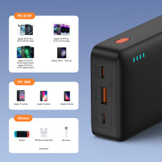 PowerBank 20000mAh Airpow 20W con cable USB-A - USB-C 50cm - Negro