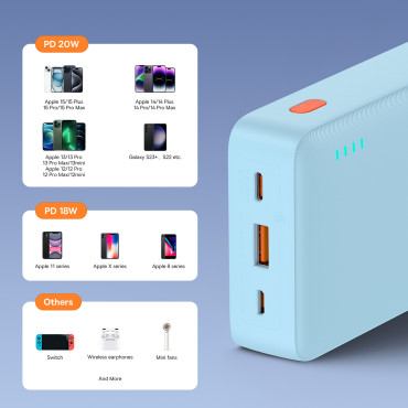 PowerBank 20000mah Airpow 20W med USB-A-kabel - USB-C 50cm - Blå
