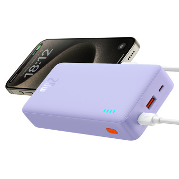 PowerBank 20000mAh Airpow Fast Charge 20W ar USB-C 50cm USB kabelis - violeta