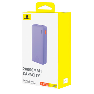 PowerBank 20000mAh Airpow Fast Charge 20W ar USB-C 50cm USB kabelis - violeta