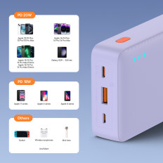 PowerBank 20000mAh Airpow Fast Charge 20W ar USB-C 50cm USB kabelis - violeta