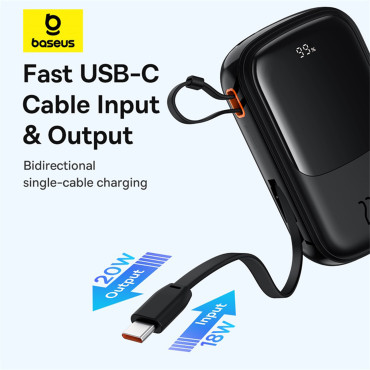 PowerBank QPOW Pro + 20000mAh ar USB-C kabeli un displejs - melns