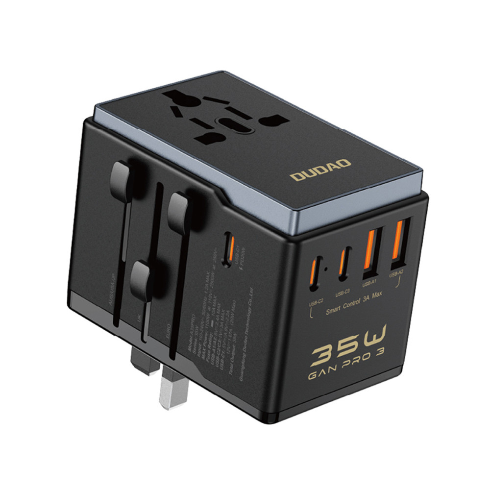 Φορτωτής προσαρμογέα ταξιδιού A35PRO 35W EU / UK / AUS / US / JP 3x USB-C 2x USB-A - Μαύρο