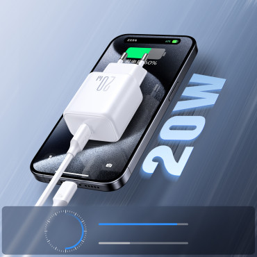 Omrežni nakladalec USB-C PD QC 20W + iPhone Lightning 1M Kabel - bela