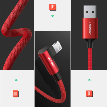 Καλώδιο γωνίας καλωδίου iPhone Lightning - USB-A MFI 2.4a 1m - κόκκινο