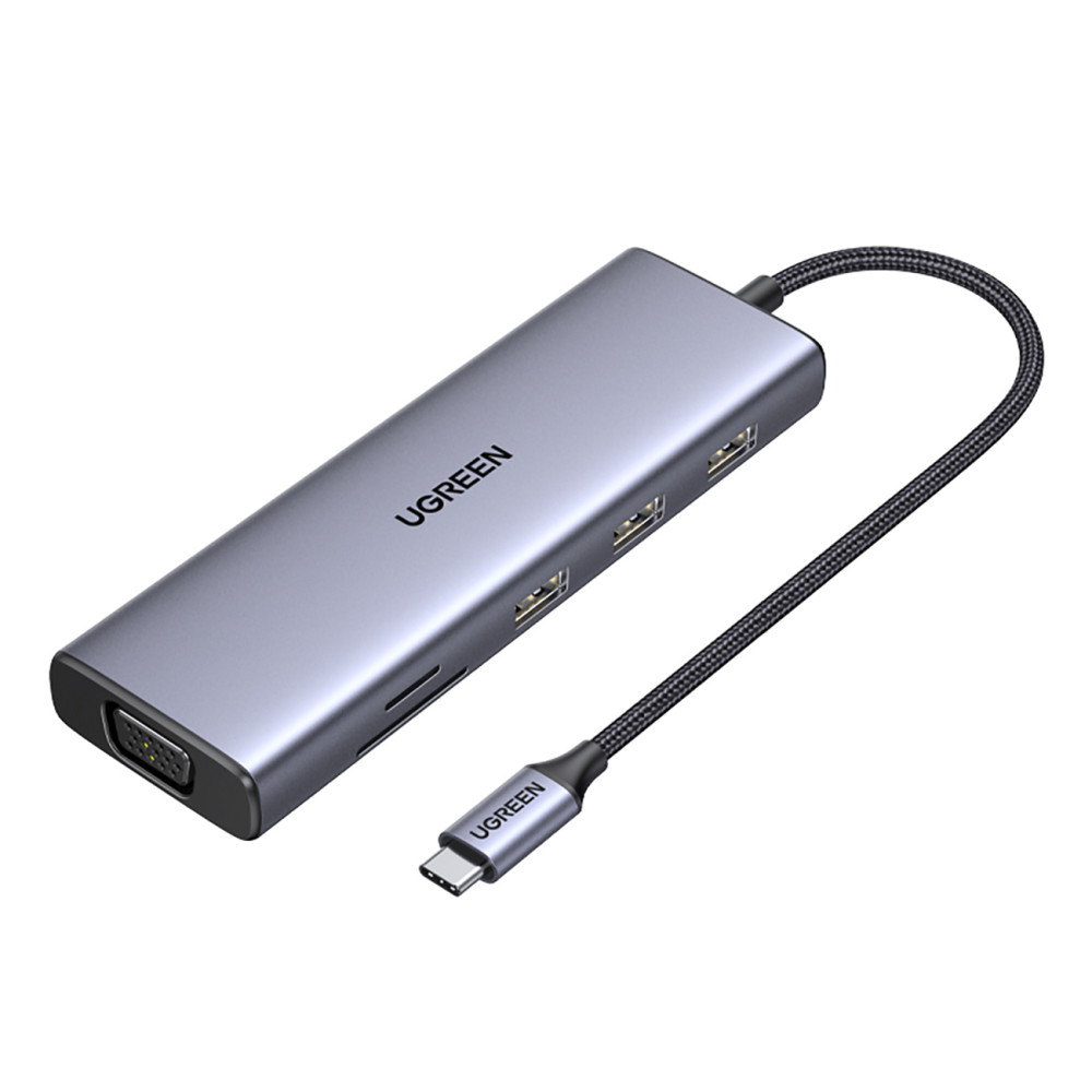 HUB USB-C adapteris - 3x USB-A 3.0 / HDMI / VGA / RJ45 / SD / TF / TF / C kortelių skaitytuvas - pilka