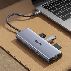 HUB USB-C adapteris - 3x USB-A 3.0 / HDMI / VGA / RJ45 / SD / TF / TF / C kortelių skaitytuvas - pilka