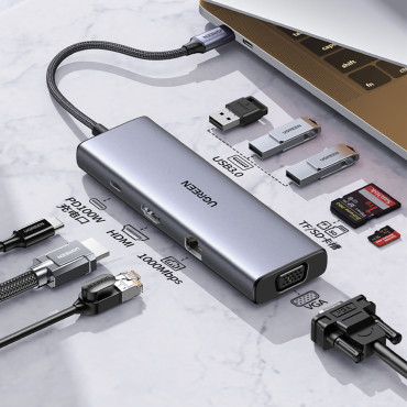 HUB USB-C adapteris - 3x USB-A 3.0 / HDMI / VGA / RJ45 / SD / TF / TF / C kortelių skaitytuvas - pilka