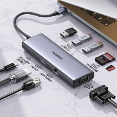 HUB USB-C Adapter - 3x USB-A 3.0 / HDMI / VGA / RJ45 / SD / TF / TF / C-kaardi lugeja - hall