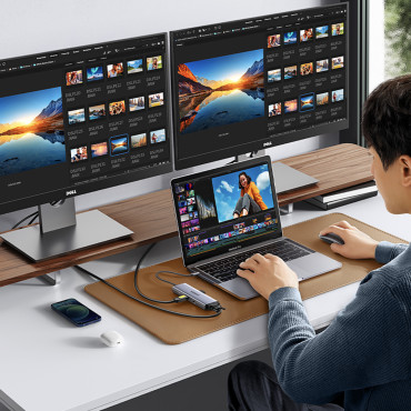 HUB USB-C adapteris - 3x USB-A 3.0 / HDMI / VGA / RJ45 / SD / TF / TF / C kortelių skaitytuvas - pilka