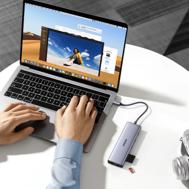 HUB USB-C Adapter - 3x USB-A 3.0 / HDMI / VGA / RJ45 / SD / TF / TF / C-kaardi lugeja - hall