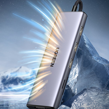 HUB USB-C adapteris - 3x USB-A 3.0 / HDMI / VGA / RJ45 / SD / TF / TF / C kortelių skaitytuvas - pilka