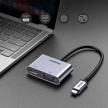 USB-C Distributör Adapter - HDMI / VGA / USB-A 3.0 / USB-C PD - Grå