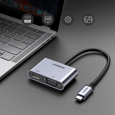 USB-C Distributøradapter - HDMI / VGA / USB-A 3.0 / USB-C PD - Grå