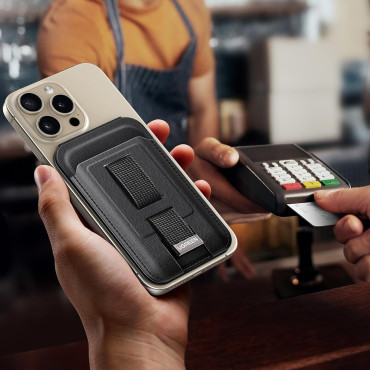 Μαγνητικό πορτοφόλι πορτοφόλι χαρτοφυλακίου Magsafe με στάση και λαβή για το δάχτυλο - μαύρο