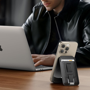 Carteira Magsafe de Carteira Magnética Magsafe com um suporte e alça para o dedo - preto