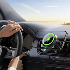 Magnetische handgreep aan de telefoon met een 15W-inductielader op een geruite vliegtuig - zwart