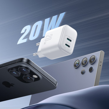 Omrežni nakladalnik 2x USB-C 20W PD QC 3.0 - bela