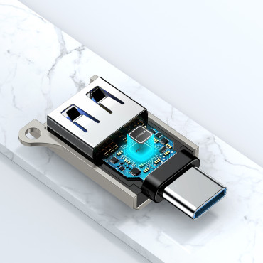 USB-C-adapter (Mand) - USB-A (Kvinde) med et snorøje - Sølv