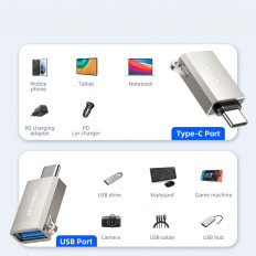 USB-C adapteris (vīrietis) - USB-A (sieviete) ar pavadas acu - sudraba