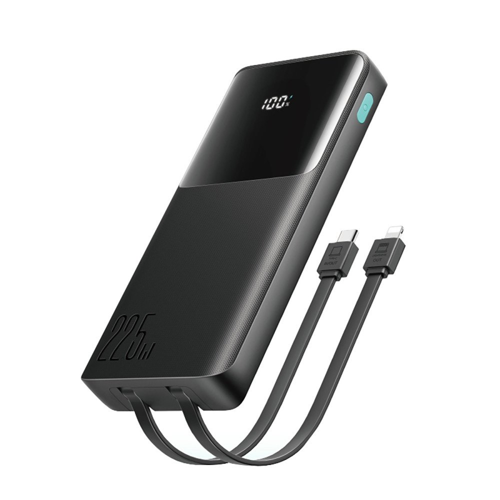 Powerbank 10000mAh med inbyggda kablar USB-C iPhone Lightning - Svart